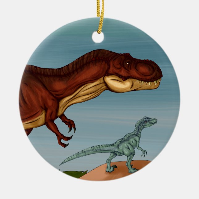 T-Rex and Velociraptor Ceramic Ornament (Front)