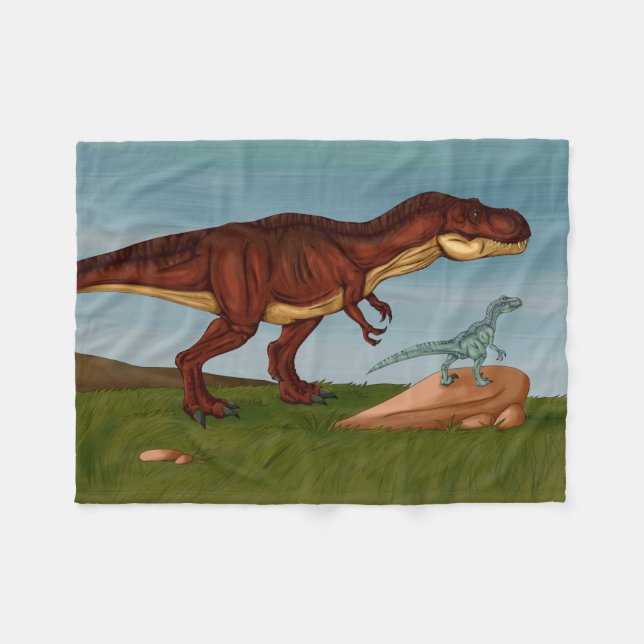 T-Rex and Velociraptor Fleece Blanket (Front (Horizontal))