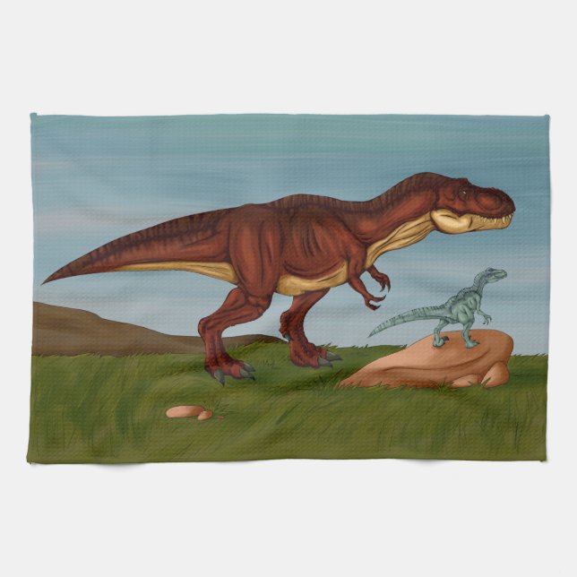 T-Rex and Velociraptor Tea Towel (Horizontal)