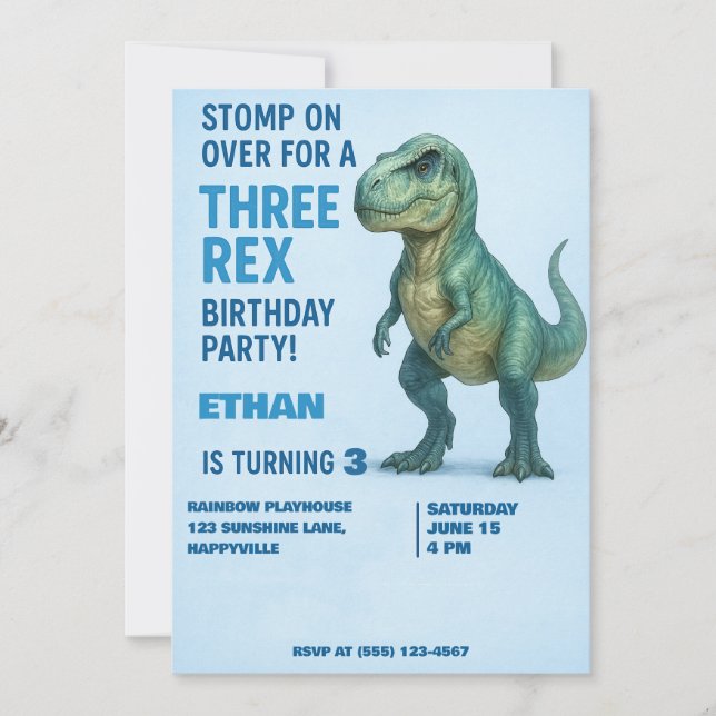 T-Rex Birthday Invitation – Boy Age 3 (Front)