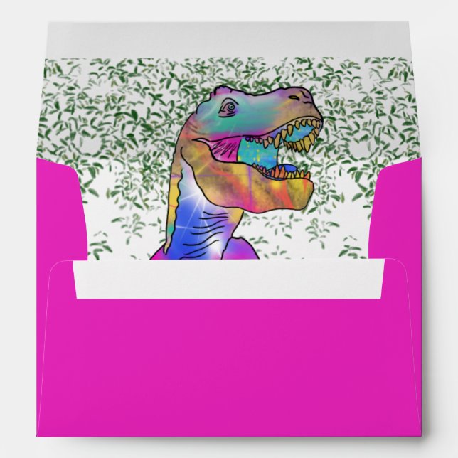 T. rex Colourful Dinosaur Party Pink Envelope (Back (Bottom))
