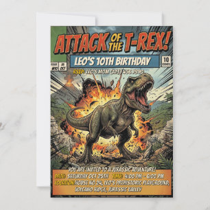 T Rex Comic Magazine Cover Boys Birthday Party Invitation