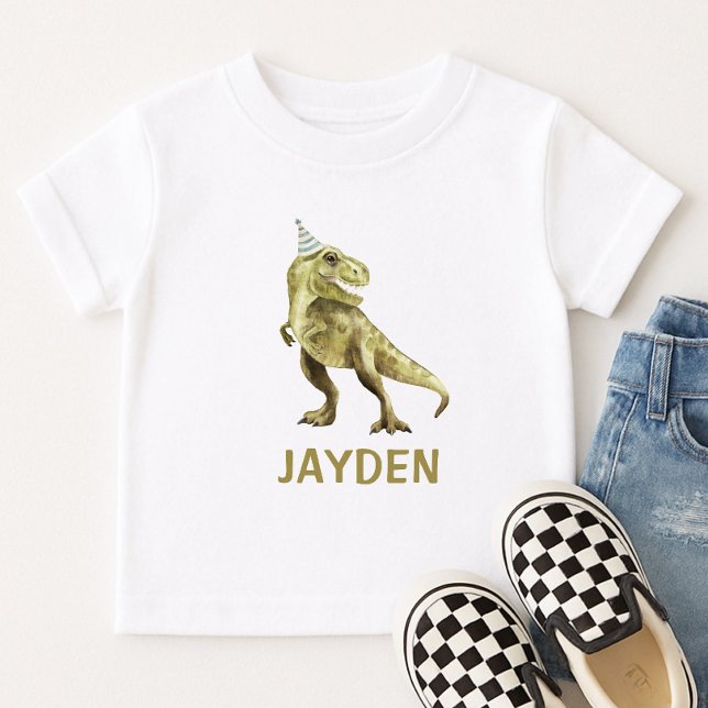 T-Rex Cute Dinosaur Party Custom Name Baby T-Shirt (Creator Uploaded)