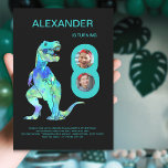 T-Rex Dino Boys 8th Birthday Party Invitation<br><div class="desc">Celebrate your dinosaur lover’s big 8th birthday with this vibrant, roar-some dinosaur 8th birthday party blue invitation with 2 photo collage. Featuring a colourful, eye-catching scary T-Rex illustration in bright, bold colours, this invitation is the perfect way to set the stage for an exciting celebration. Designed with original by artist...</div>