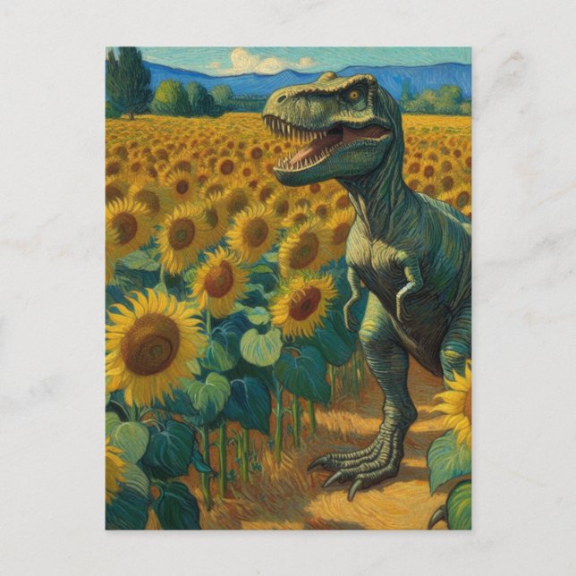 T-Rex Dino in the Sunflower Field Van Gogh Postcard (Front)