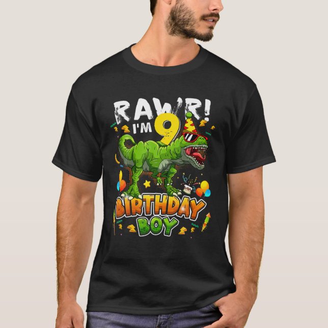 T Rex Dino Rawr Im 9 Dinosaur 9Th Birthday Boy 9 Y T-Shirt (Front)