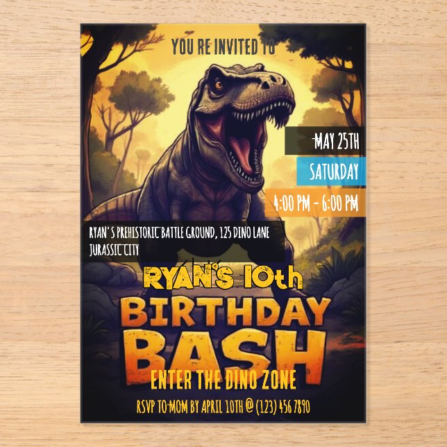 T Rex Dinosaur 10th Year Birthday Bash Party  Acrylic Invitations (Front)