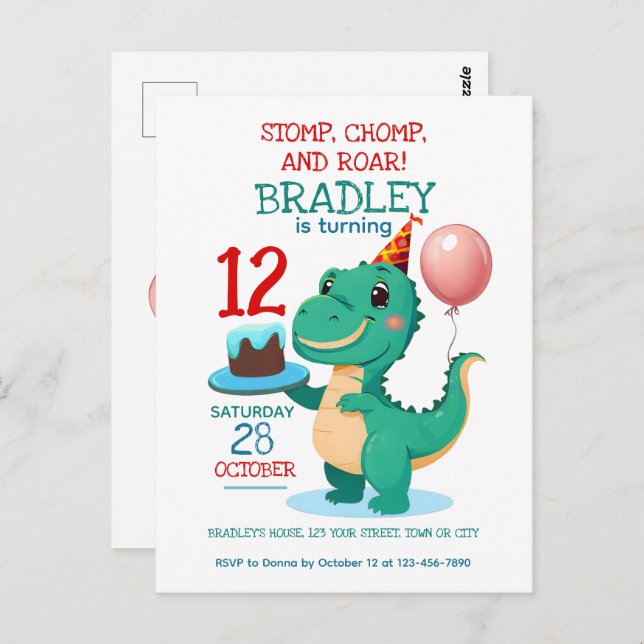 T Rex Dinosaur 12th Birthday Party Invitation Postcard (Front/Back)