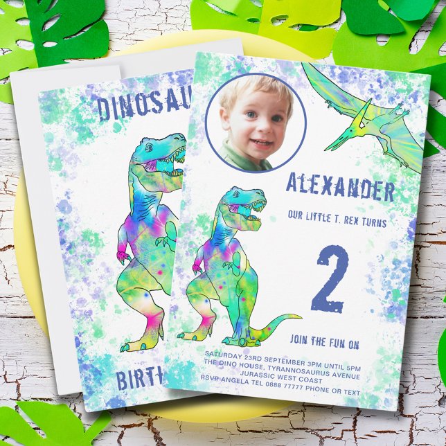 T-Rex Dinosaur 2nd Birthday Party Invitation (T-Rex dinosaur 2nd birthday party invitation watercolor Tyrannosaurus rex & pterodactyl flying dino)