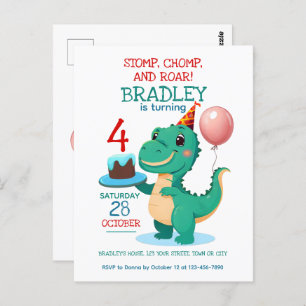 T Rex Dinosaur 4th Birthday Party Invitation Postcard
