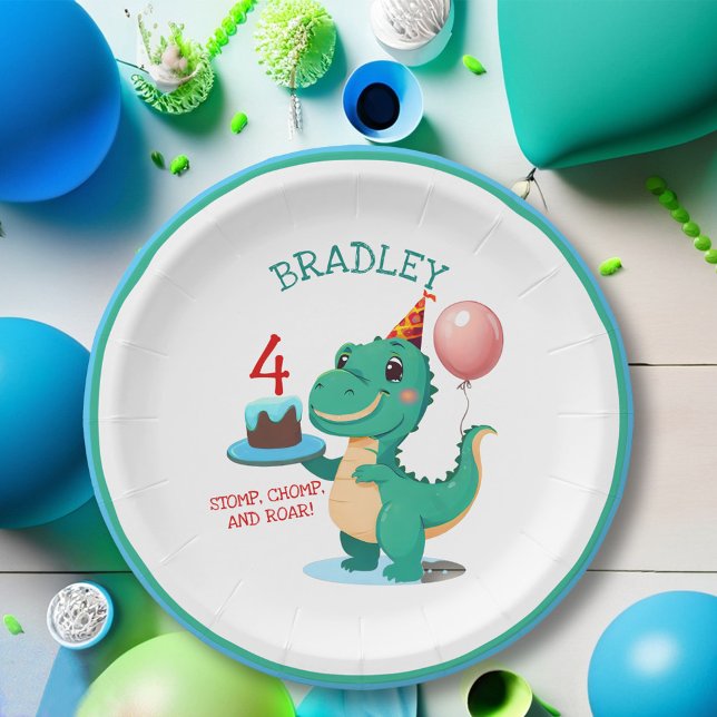 T Rex Dinosaur 4th Birthday Party Paper Plate (Creator Uploaded)
