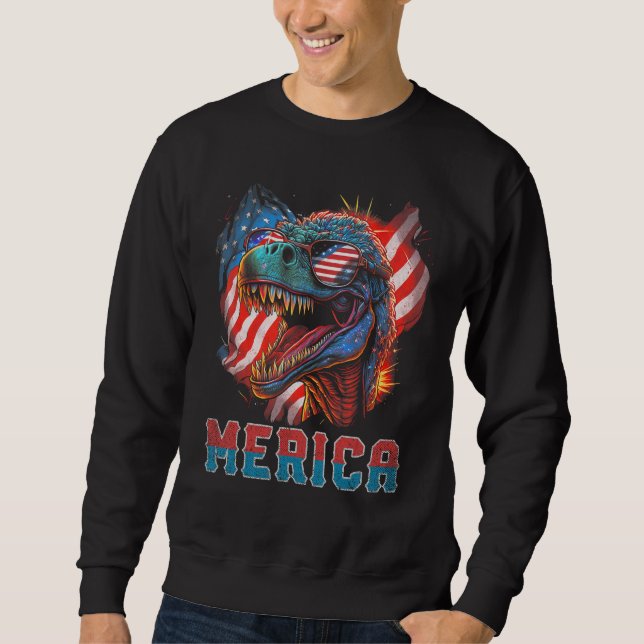 T Rex Dinosaur 4th of July American Flag USA Ameri Sweatshirt (Front)