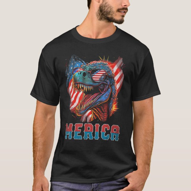 T Rex Dinosaur 4th of July American Flag USA Ameri T-Shirt (Front)