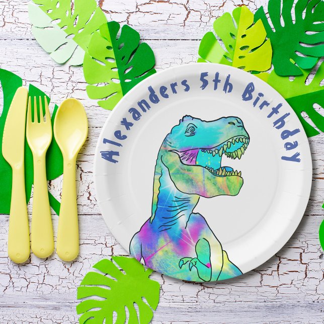 T-Rex Dinosaur 5th Birthday Party add Name Paper Plate (T-Rex dinosaur 5th birthday party add name paper plate Colorful Tyrannosaurus rex & blue typography )