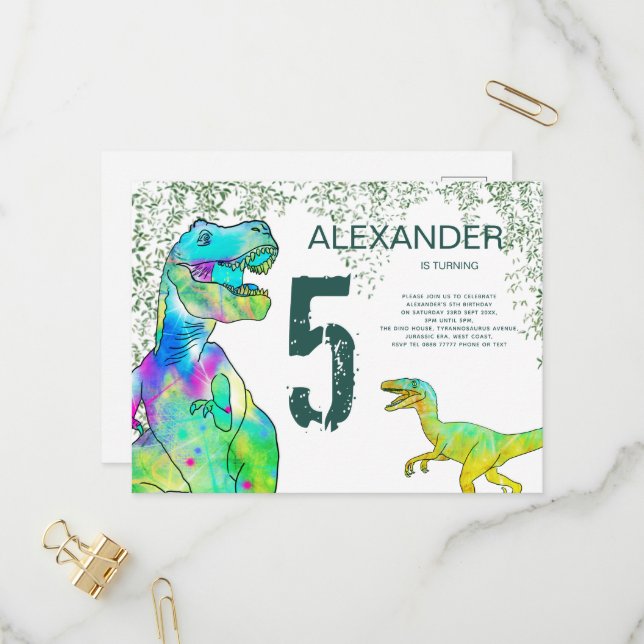 T Rex Dinosaur 5th Birthday Party Invitation (Front/Back In Situ)