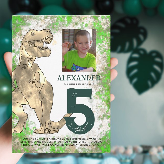 T-Rex Dinosaur 5th Birthday Party Invitation (T-Rex dinosaur 5th birthday party invitation with phot template & watercolor splash Jurassic jungle)