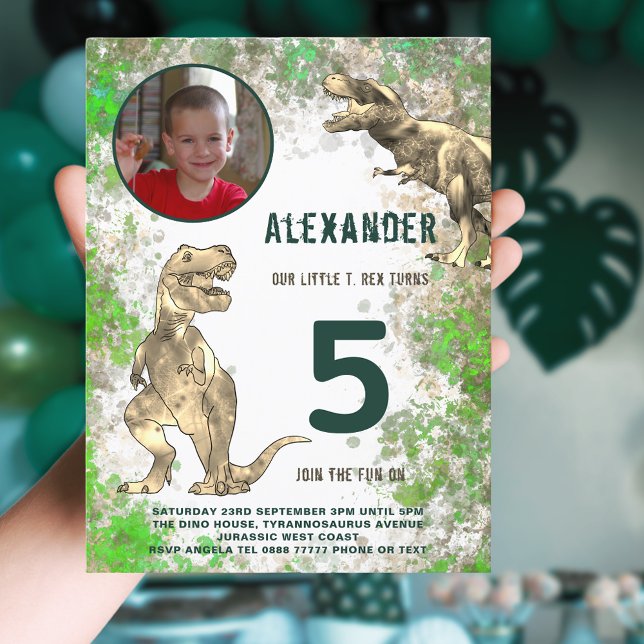 T-Rex Dinosaur 5th Birthday Party Photo Invitation Postcard (Dinosaur T-Rex jungle 5th birthday party invitation with photo template brown and green watercolor)