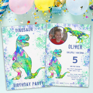 T. rex Dinosaur 5th Birthday Photo Green Blue Invitation