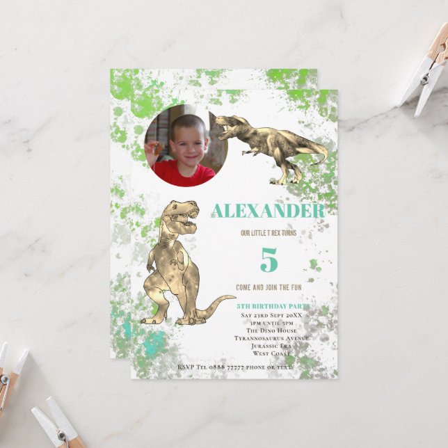 T rex Dinosaur 5th Birthday Photo Invitation (Front/Back In Situ)