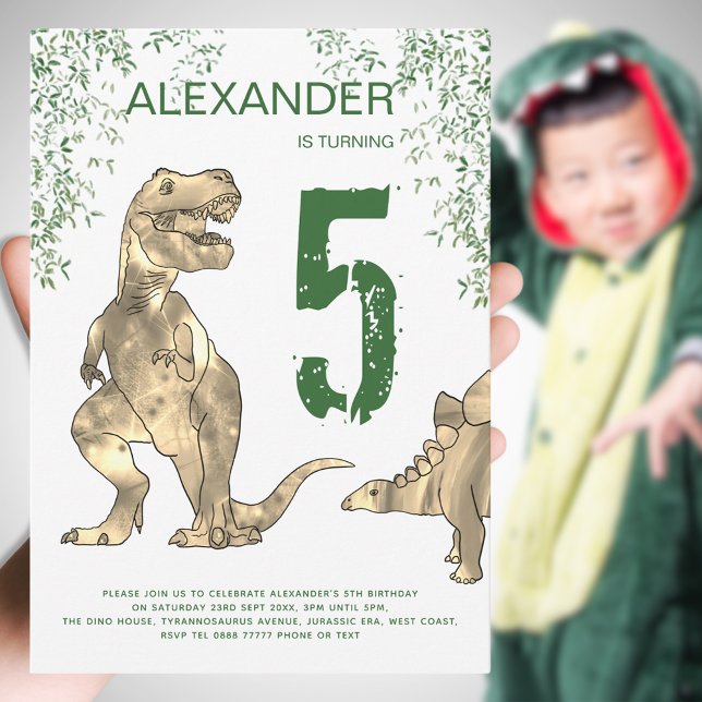 T-Rex Dinosaur 6th Birthday Party Invitation (Dinosaur jungle boys 5th birthday party invitation with T-Rex and Stegosaurus dino modern green)