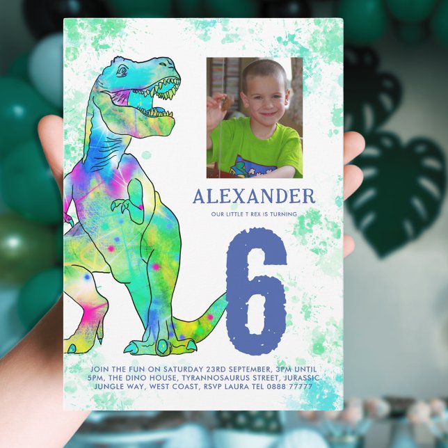 T-Rex Dinosaur 6th Birthday Party Invitation (T-Rex Dinosaur 6th birthday party photo template invitation colorful dino green watercolor splash)