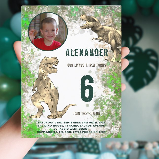 T-Rex Dinosaur 6th Birthday Party Photo Budget Invitation Postcard (T-Rex dinosaur 6th birthday party budget invitation postcard with photo template watercolor splash )