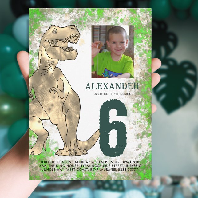 T-Rex Dinosaur 6th Birthday Party Photo Invitation (Dinosaur 6th birthday party invitation with photo template T-Rex dino and Jurassic watercolor splash)