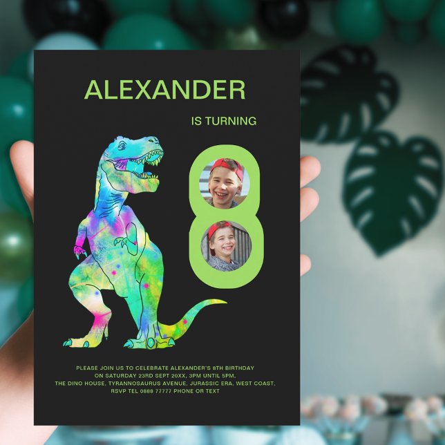T-Rex Dinosaur 8th Birthday Party Custom photo Invitation (Colorful Dinosaur T-Rex 8th birthday party 2 photo collage green and black invitation)