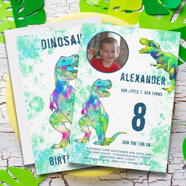 T-Rex Dinosaur 8th Birthday Party Invitation (T-Rex dinosaur 8th birthday party invitation with photo template & colorful watercolor tyrannosaurus)