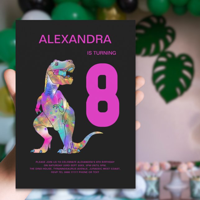 T-Rex Dinosaur 8th Birthday Party Pink Invitation (Colorful T-Rex Dinosaur girls 8th birthday party pink and black invitation)