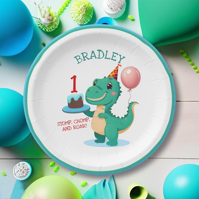 T Rex Dinosaur Add Age Birthday Party Paper Plate (Creator Uploaded)