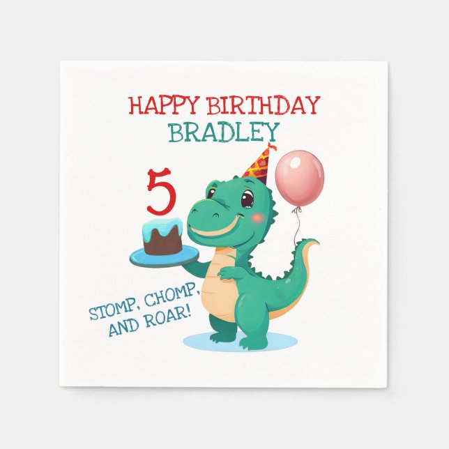 T Rex Dinosaur Add Age Happy Birthday Party Napkin (Front)