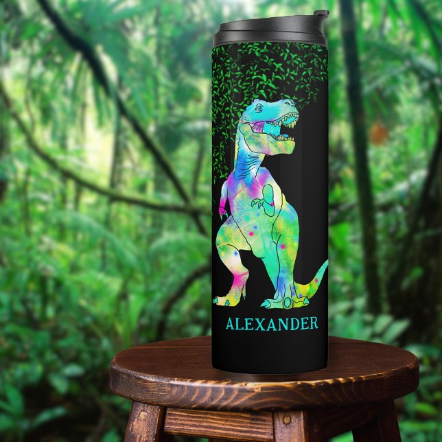 T-Rex Dinosaur Add Name Thermal Tumbler (Colorful T-Rex dinosaur custom name thermal tumbler with Jurassic jungle foliage )