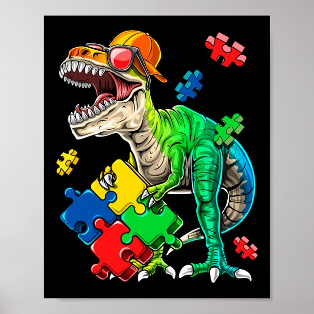 T Rex Dinosaur Autism Awareness Puzzle Piece Gift  Poster (Front)