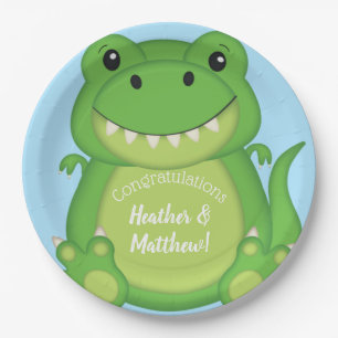 T-Rex Dinosaur Baby Shower Blue Paper Plate