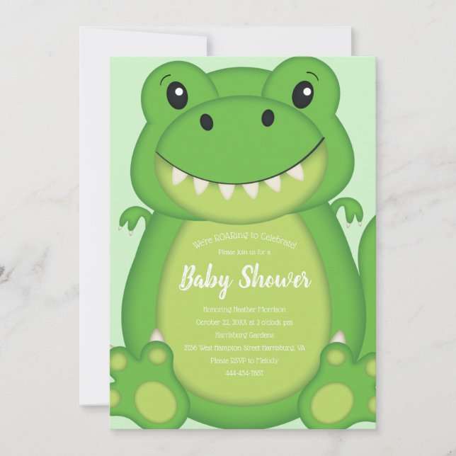 T-Rex Dinosaur Baby Shower Green Invitation (Front)