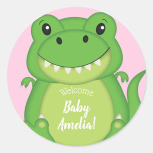 T-Rex Dinosaur Baby Shower Pink Classic Round Sticker
