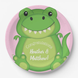 T-Rex Dinosaur Baby Shower Pink Paper Plate