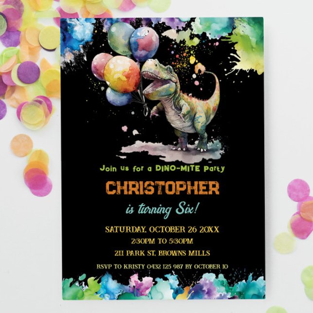 T-Rex Dinosaur Balloons Paint Splash Birthday Invitation (Creator Uploaded)