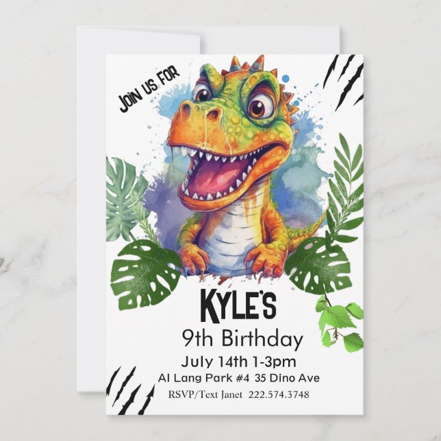 T Rex, Dinosaur Birthday,  Invitation (Front)