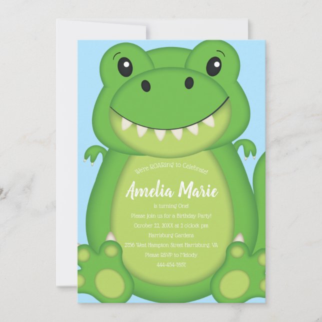 T-Rex Dinosaur Birthday Party Blue Invitation (Front)