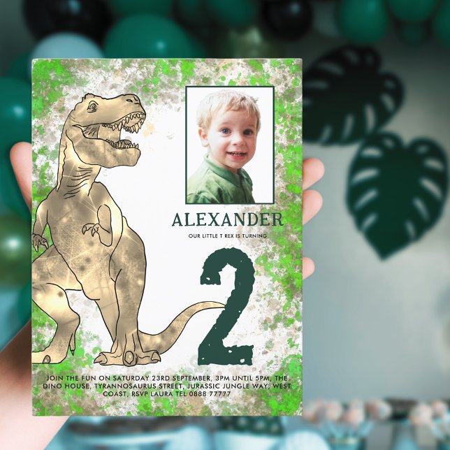 T-Rex Dinosaur Birthday Party Budget Invitation Postcard (T-Rex dinosaur 2nd birthday party budget inviation postcard photo template watercolor splash jungle)
