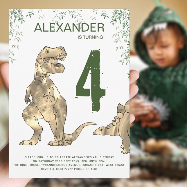 T-Rex Dinosaur Birthday Party Budget Invitation Postcard (Boys dinosaur jungle modern 4th birthday party budget postcard invitation T-Rex green and brown hues)