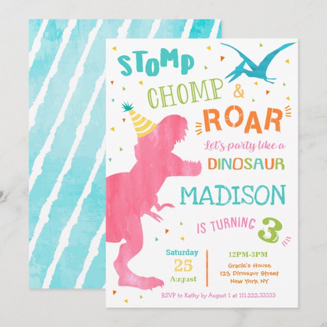 T Rex Dinosaur Birthday Party Invitations for girl (Front/Back)
