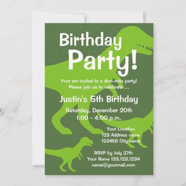 T-Rex dinosaur birthday party invitations for kids (Front)