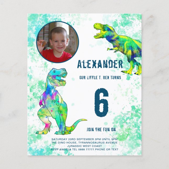 T Rex Dinosaur Birthday Party Photo Budget Flyer (Front)
