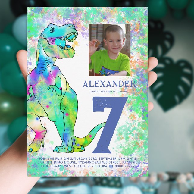 T-Rex Dinosaur Birthday Party Photo Invitation (T-Rex dinosaur 7th birthday party invitation photo template colorful Tyrannosaurus rex watercolor )