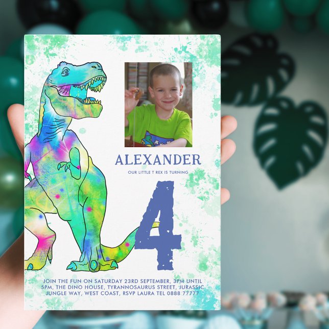 T-Rex Dinosaur Birthday Party Photo Invitation (T-Rex Colorful dinosaur 4th birthday party invitation photo template blue & green watercolor splash)