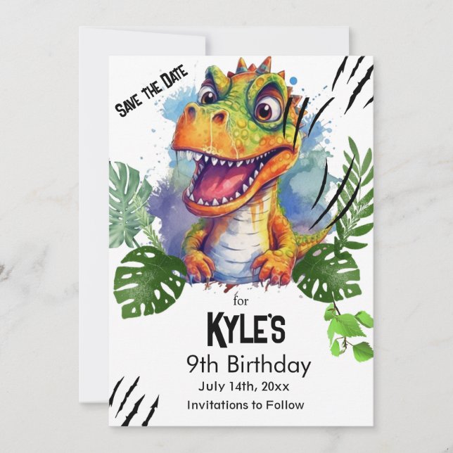 T Rex, Dinosaur Birthday,  Save The Date (Front)