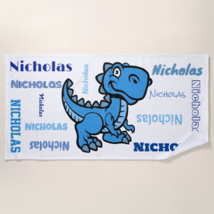 T Rex Dinosaur Blue Personalised Name Beach Towel